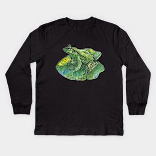 Green frog on green leaf Kids Long Sleeve T-Shirt